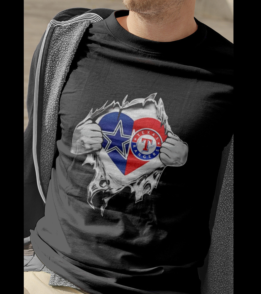 Dallas Cowboys Texas Rangers Heart Torn Open Sports T-Shirt