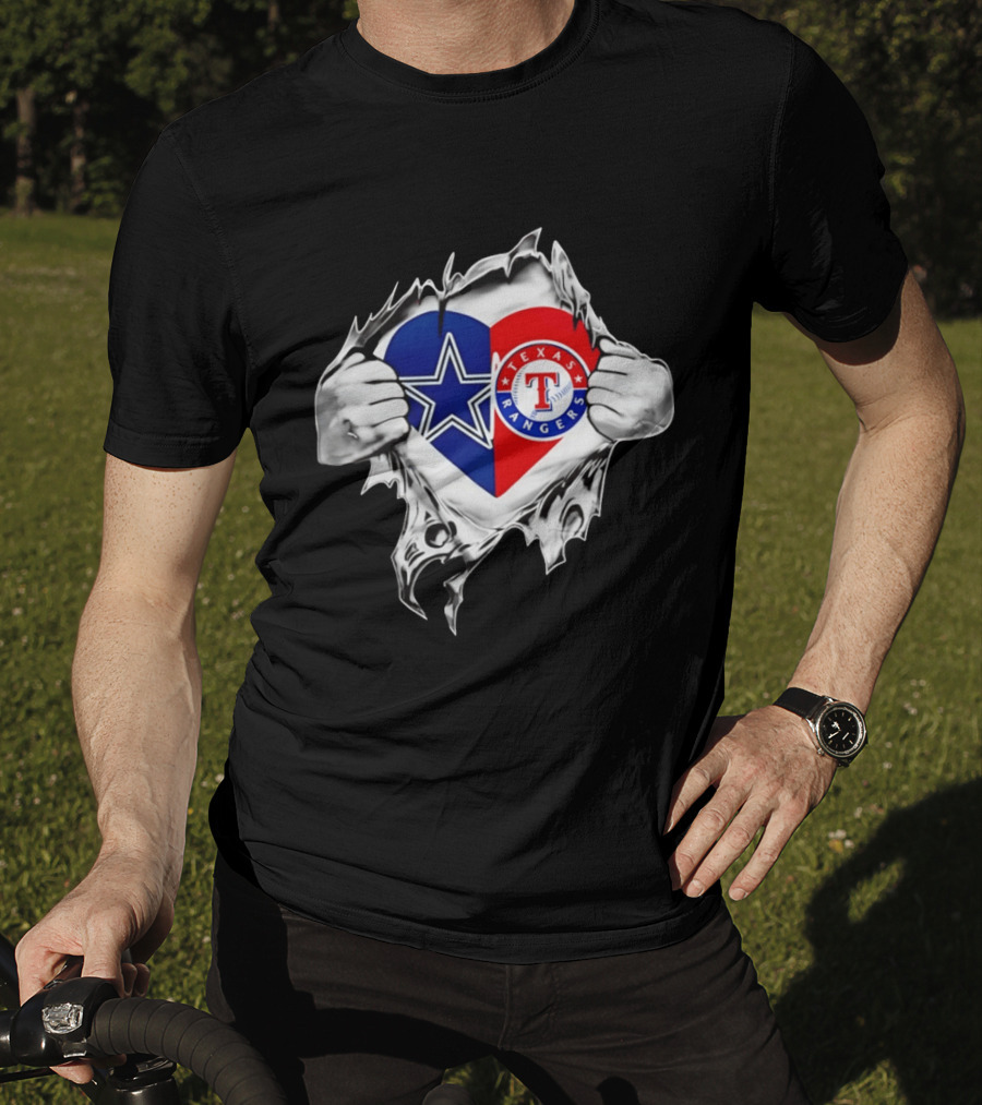 Dallas Cowboys Texas Rangers Heart Torn Open Sports T-Shirt