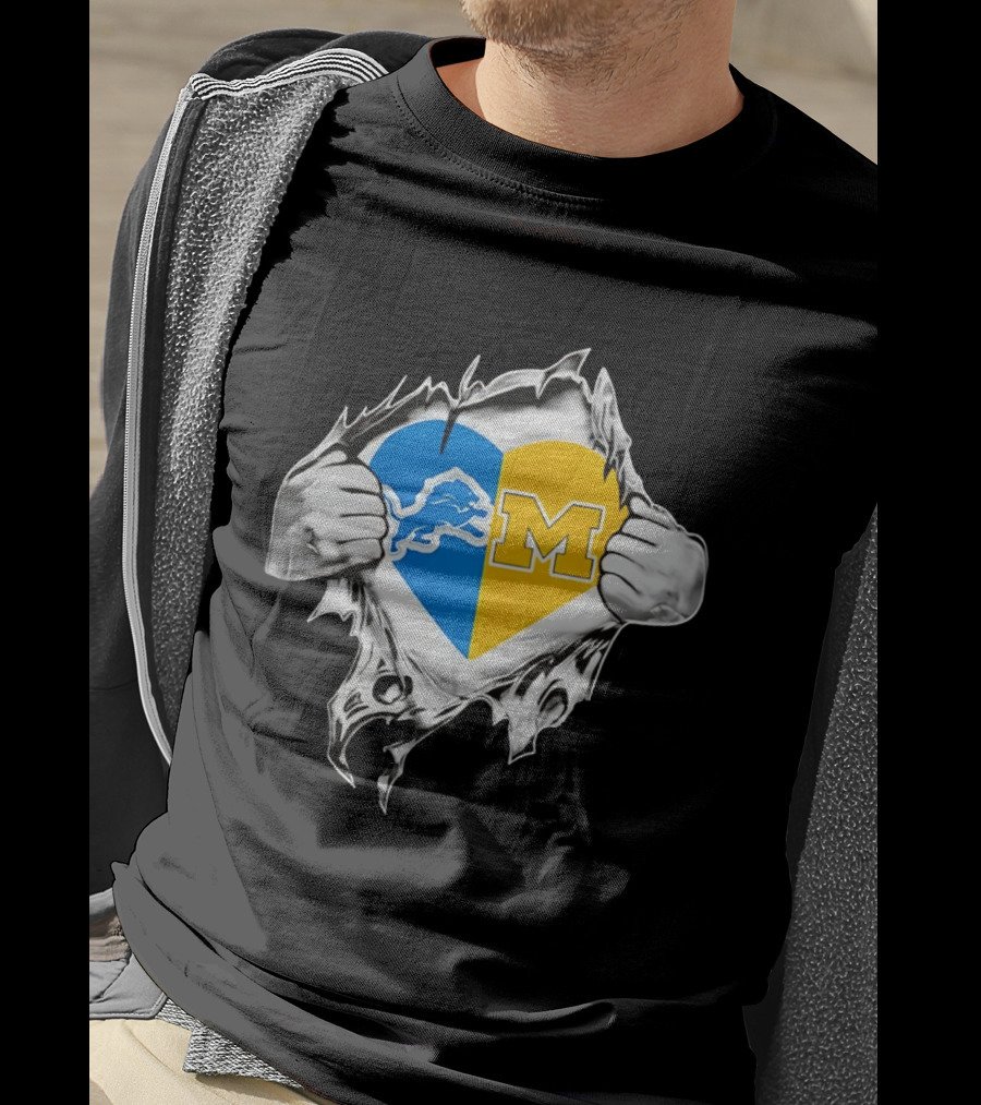 Detroit Lions Michigan Wolverines Heart Torn Reveal T-Shirt