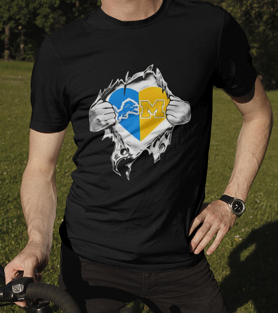 Detroit Lions Michigan Wolverines Heart Torn Reveal T-Shirt