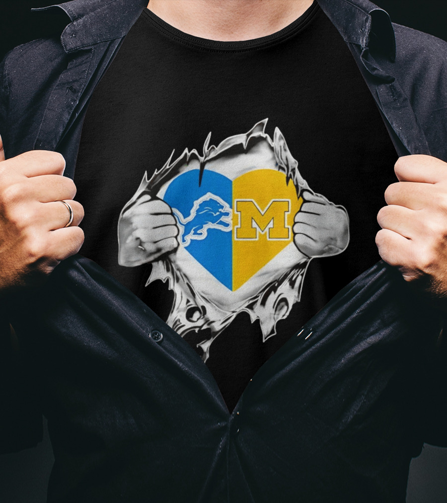 Detroit Lions Michigan Wolverines Heart Torn Reveal T-Shirt