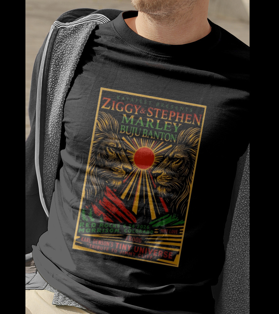 Kaya Fest Ziggy & Stephen Marley 2026 Red Rocks Morrison Colorado Buju Banton JBoog Mike Love Karl Denson's Tiny Universe Tribute To Jimmy Cliff T-Shirt