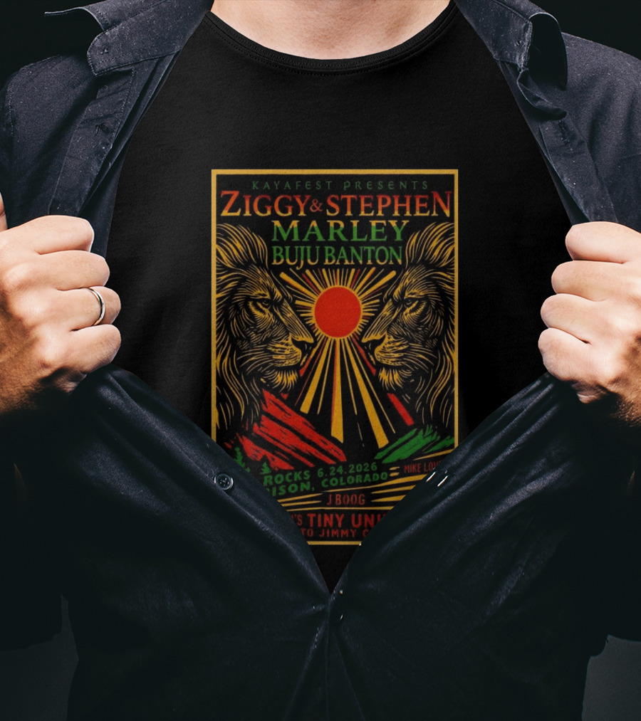 Kaya Fest Ziggy & Stephen Marley 2026 Red Rocks Morrison Colorado Buju Banton JBoog Mike Love Karl Denson's Tiny Universe Tribute To Jimmy Cliff T-Shirt