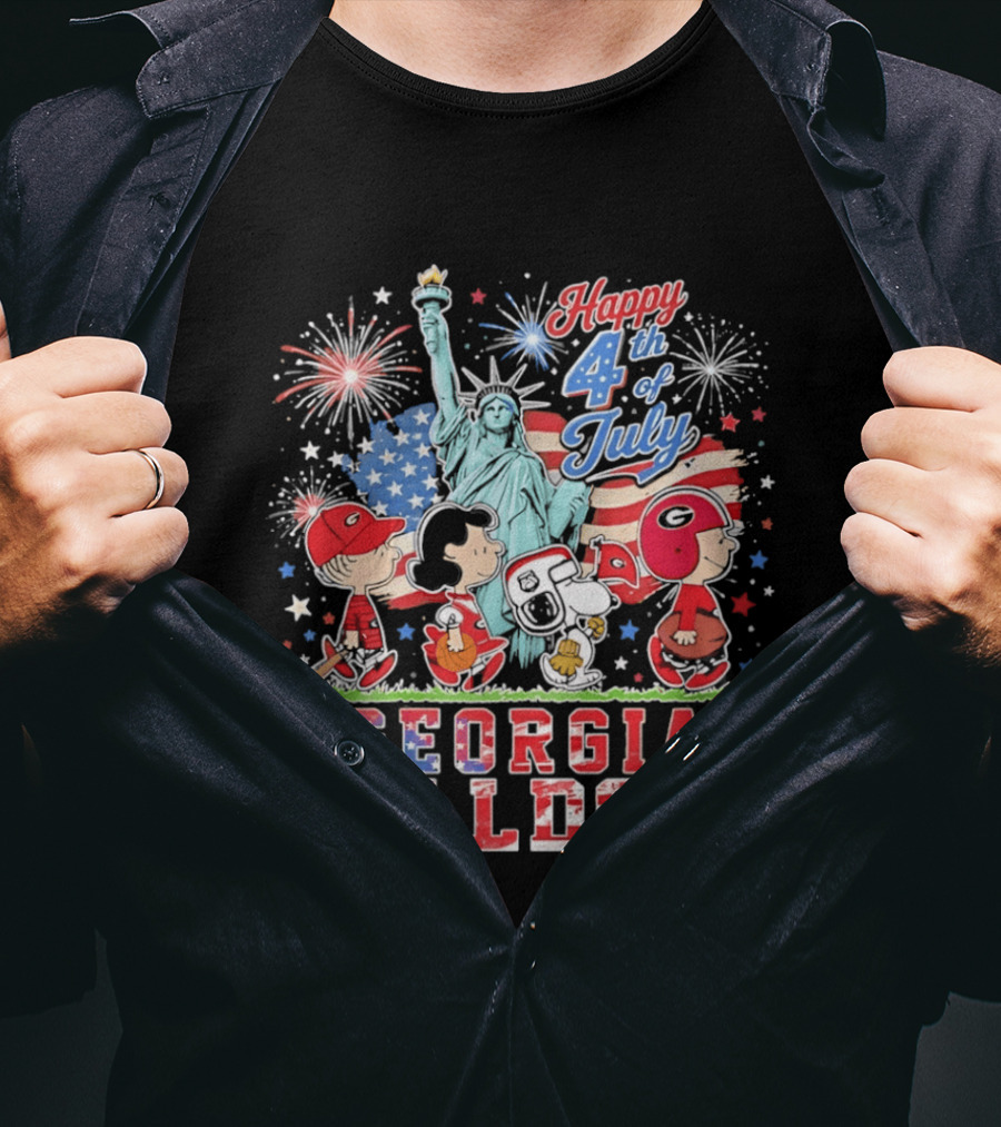 Georgia Bulldogs Snoopy Abbey Road Happy 4th Of July Statue Of Liberty Fireworks T-Shirt