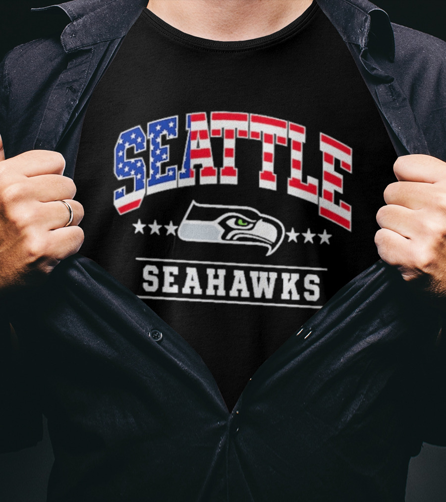 Seattle Seahawks Navy Americana Arch 250th Anniversary Stars And Stripes Football Fan T-Shirt