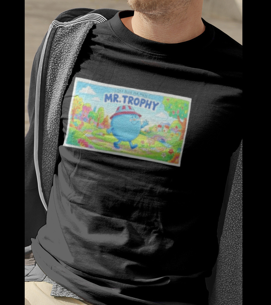 Sky Blue Mr. Men Mr. Trophy Character In Colorful Landscape Scene T-Shirt