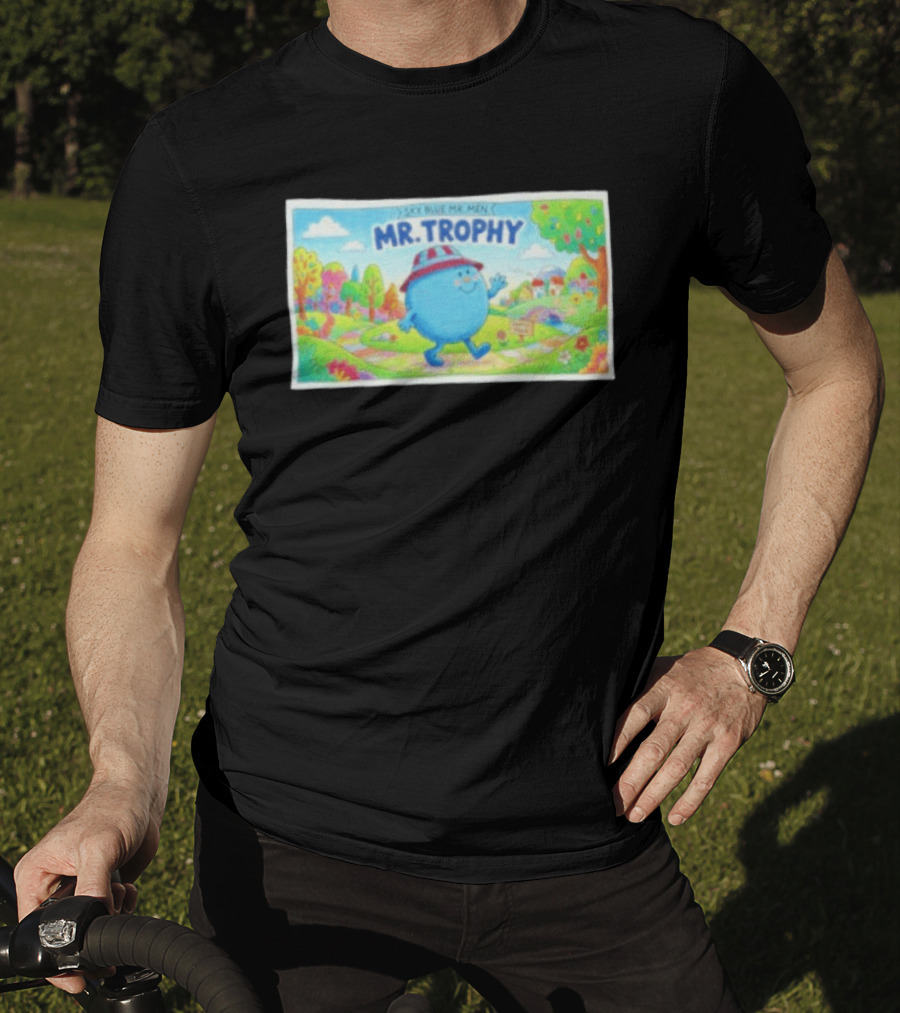 Sky Blue Mr. Men Mr. Trophy Character In Colorful Landscape Scene T-Shirt