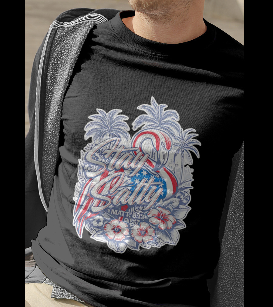 Stay Salty Flamingo Matt 5 13 Tropical Christian Faith Palm Trees Hibiscus T-Shirt