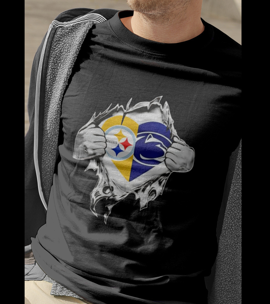 Steelers Penn State Heart Fan Logo Torn Fabric T-Shirt