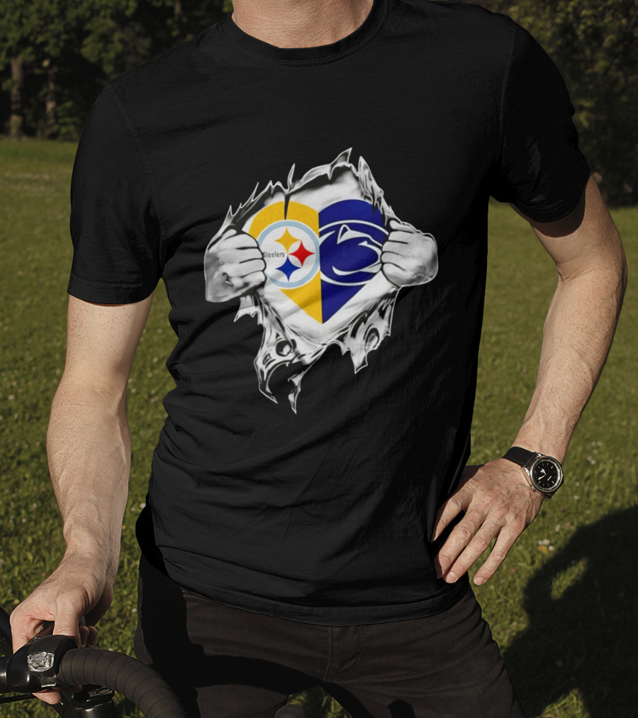 Steelers Penn State Heart Fan Logo Torn Fabric T-Shirt