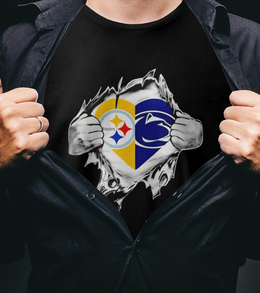 Steelers Penn State Heart Fan Logo Torn Fabric T-Shirt