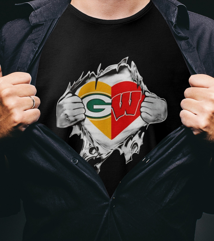 Packers Badgers Heart Logo Green Bay Wisconsin NCAA Fan Gear T-Shirt