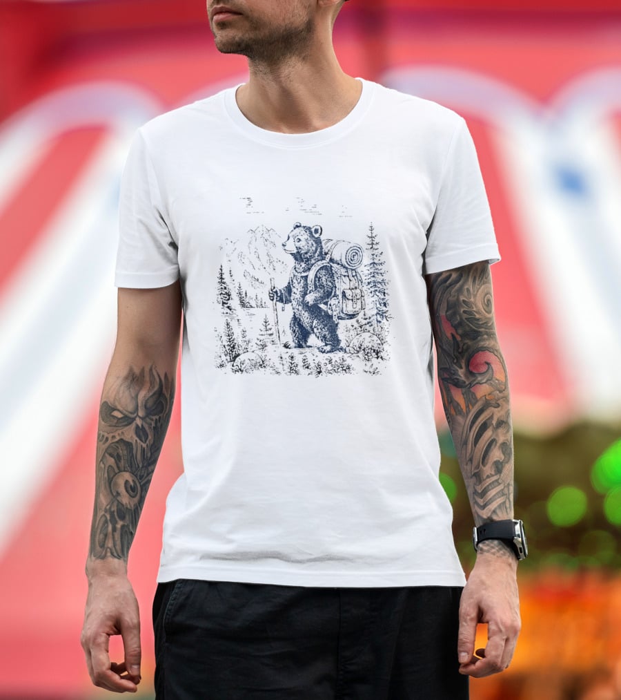 Hiking Bear Trekking Adventure With Backpack And Walking Stick Mountain Forest Scene T-Shirt