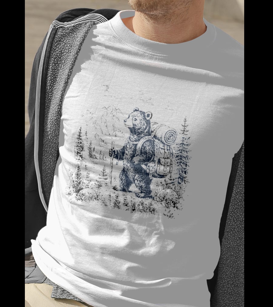 Hiking Bear Trekking Adventure With Backpack And Walking Stick Mountain Forest Scene T-Shirt