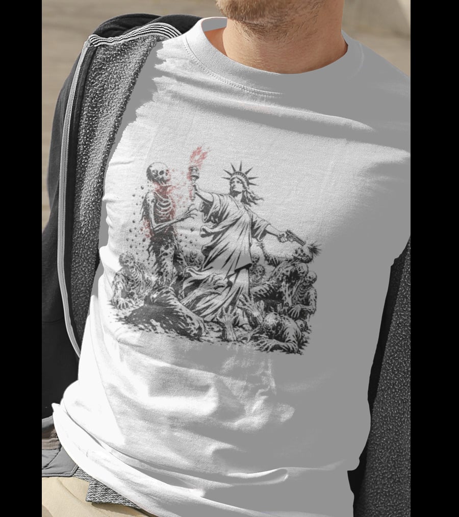Statue Of Liberty Battling Zombies With Torch And Pistol T-Shirt