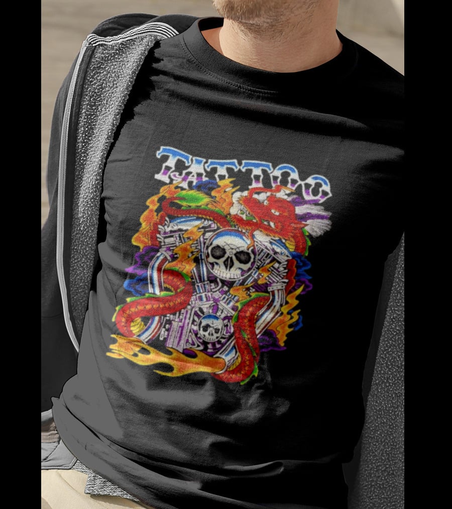 Tattoo Brand Dragon Skull Motorcycle Engine Flames T-Shirt