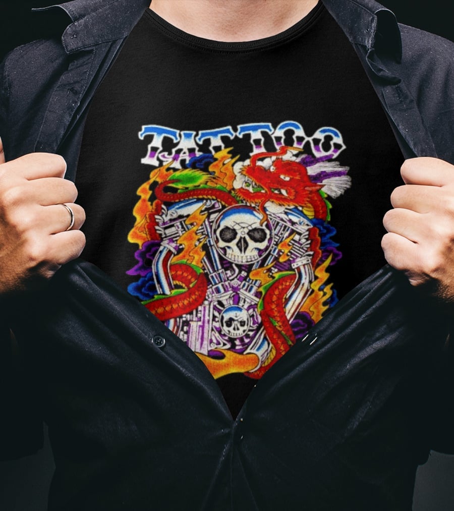 Tattoo Brand Dragon Skull Motorcycle Engine Flames T-Shirt