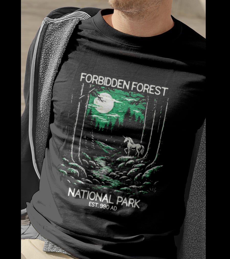Forbidden Forest National Park Est 990 AD Moonlit Unicorn Scene T-Shirt