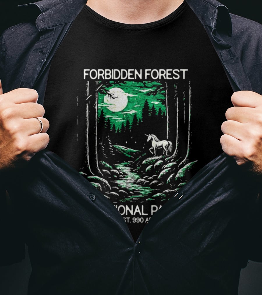 Forbidden Forest National Park Est 990 AD Moonlit Unicorn Scene T-Shirt