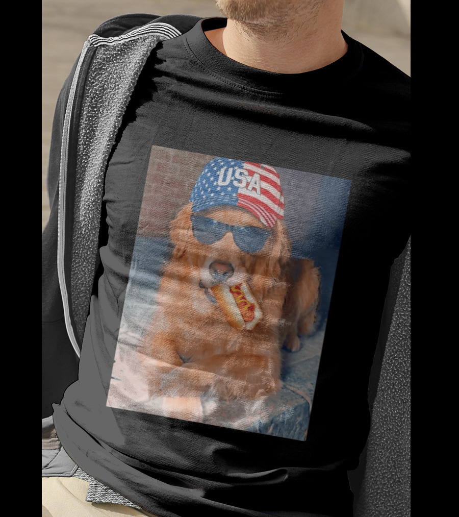 Golden Retriever With USA Hat Eating Hot Dog American Flag 4th Of July T-Shirt