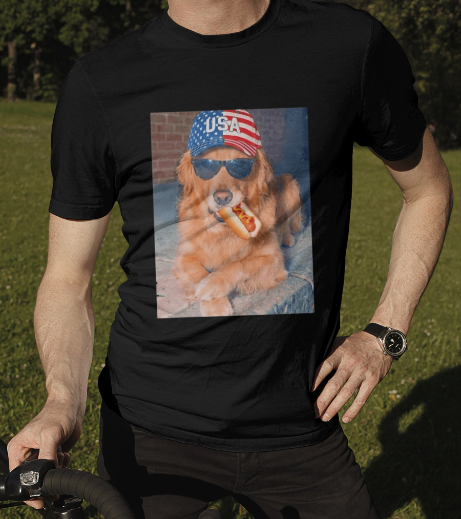 Golden Retriever With USA Hat Eating Hot Dog American Flag 4th Of July T-Shirt