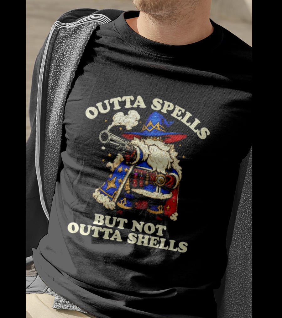 Outta Spells But Not Outta Shells Wizard With Shotgun Retro Magic Humor T-Shirt