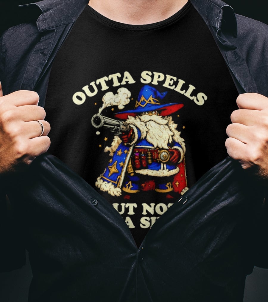 Outta Spells But Not Outta Shells Wizard With Shotgun Retro Magic Humor T-Shirt