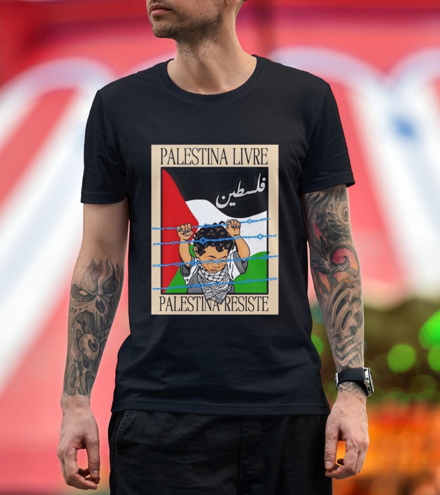 Palestina Livre Resistência Criança Frente Bandeira Arame Farpado T-Shirt