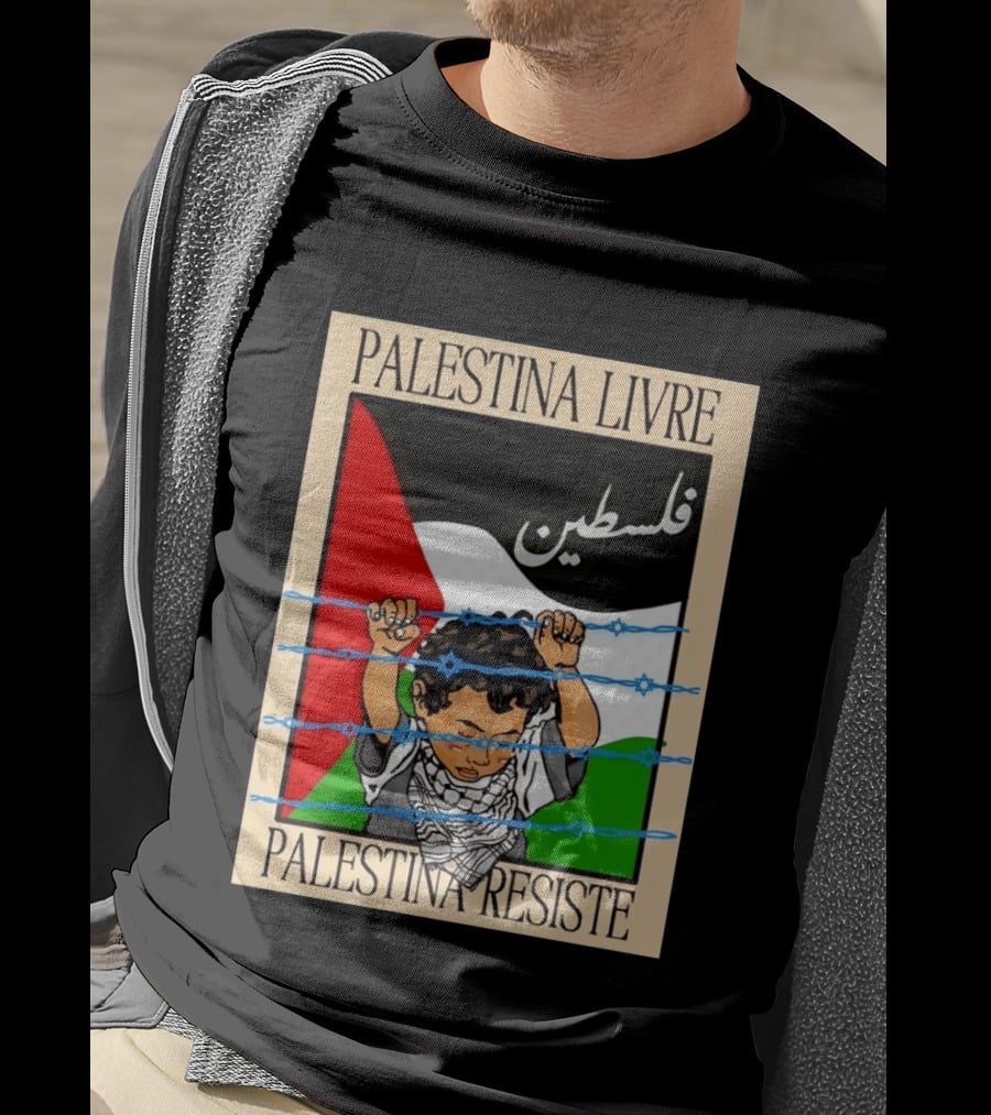 Palestina Livre Resistência Criança Frente Bandeira Arame Farpado T-Shirt