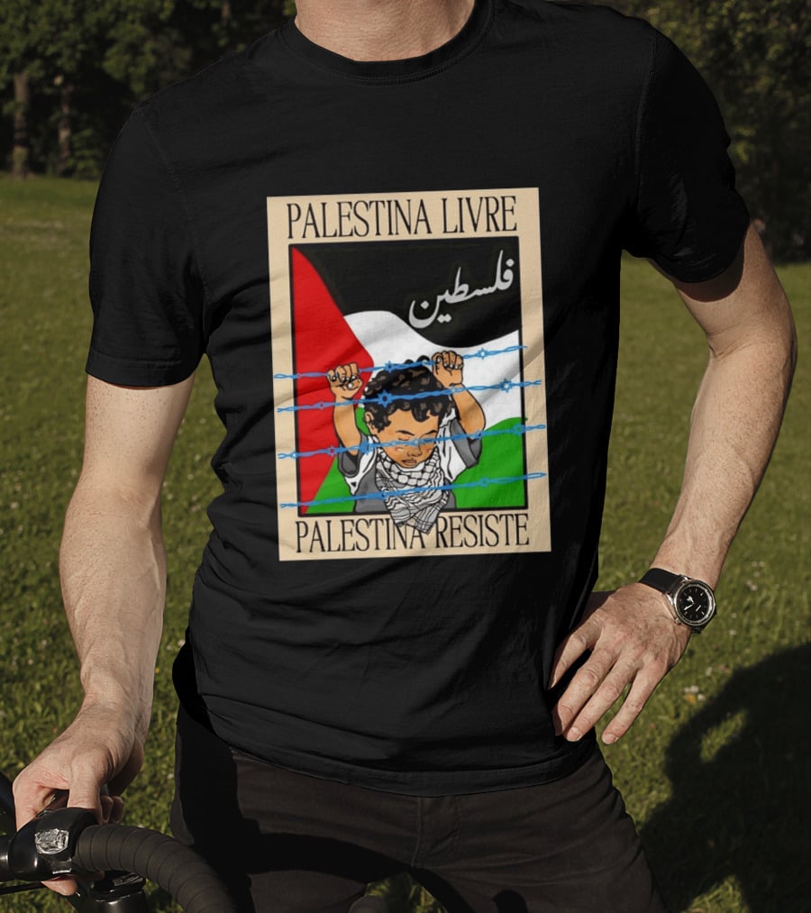 Palestina Livre Resistência Criança Frente Bandeira Arame Farpado T-Shirt