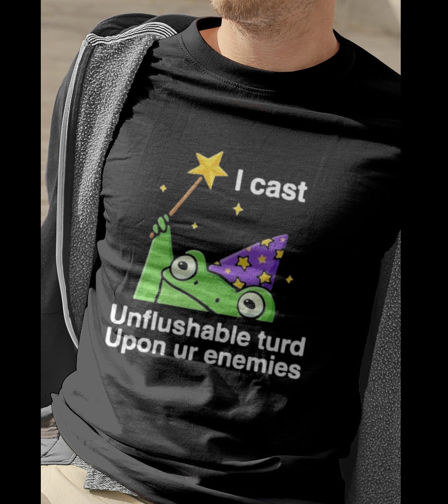 I Cast Unflushable Turd Upon Ur Enemies Frog Wizard Wand Stars Purple Hat T-Shirt