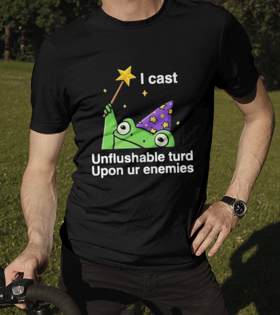 I Cast Unflushable Turd Upon Ur Enemies Frog Wizard Wand Stars Purple Hat T-Shirt