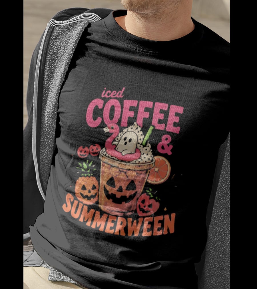 Iced Coffee And Summerween Spooky Tropical Fruit Halloween Jack O' Lantern Drink T-Shirt