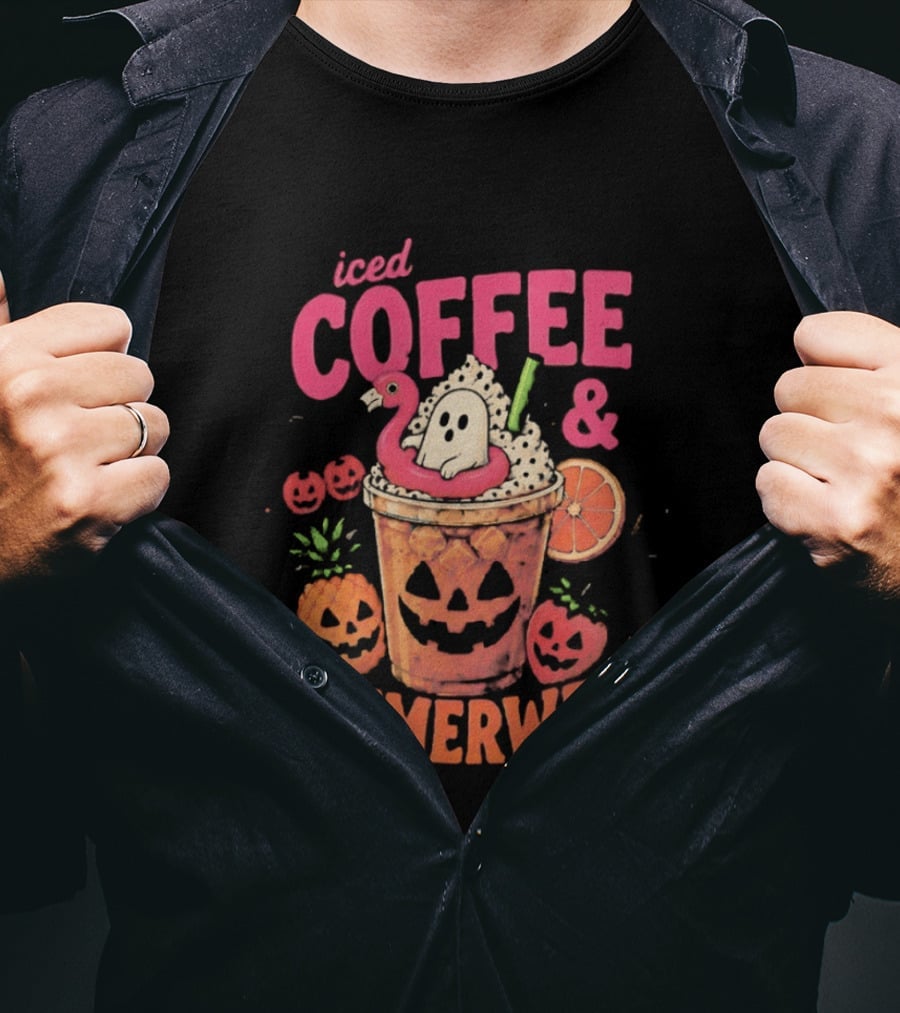 Iced Coffee And Summerween Spooky Tropical Fruit Halloween Jack O' Lantern Drink T-Shirt