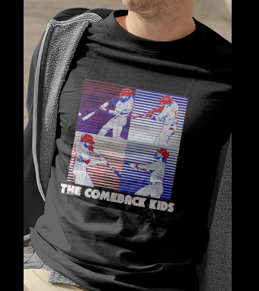 Philadelphia Phillies The Comeback Kids Striped Baseball Swinging Players T-Shirt
