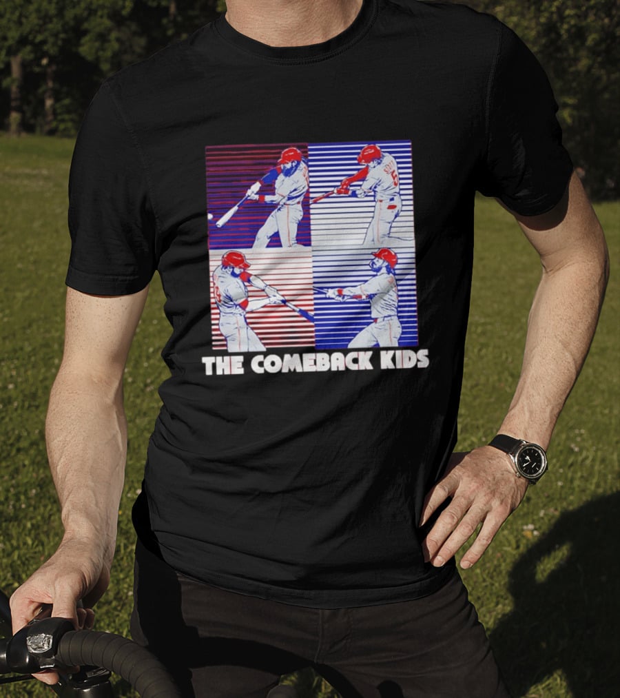 Philadelphia Phillies The Comeback Kids Striped Baseball Swinging Players T-Shirt
