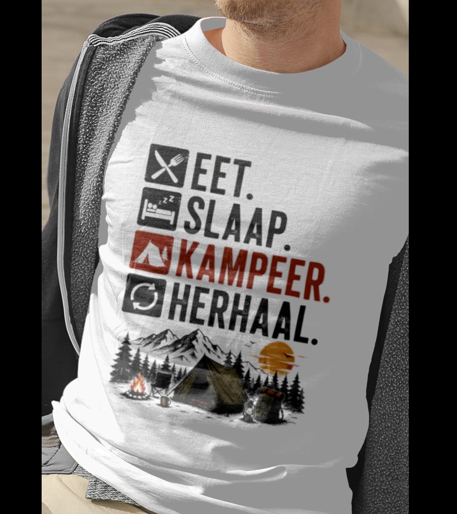 Eet Slaap Kampeer Herhaal Camping Tent Mountains Campfire Sunset T-Shirt