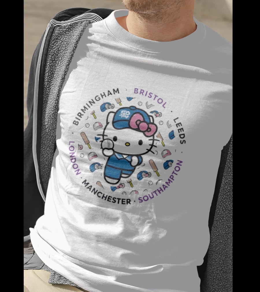 Hello Kitty Cricket Birmingham Bristol Leeds Southampton Manchester London T-Shirt