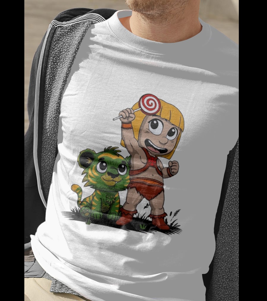 Jungle Kid Holding Lollipop With Playful Tiger Cub T-Shirt