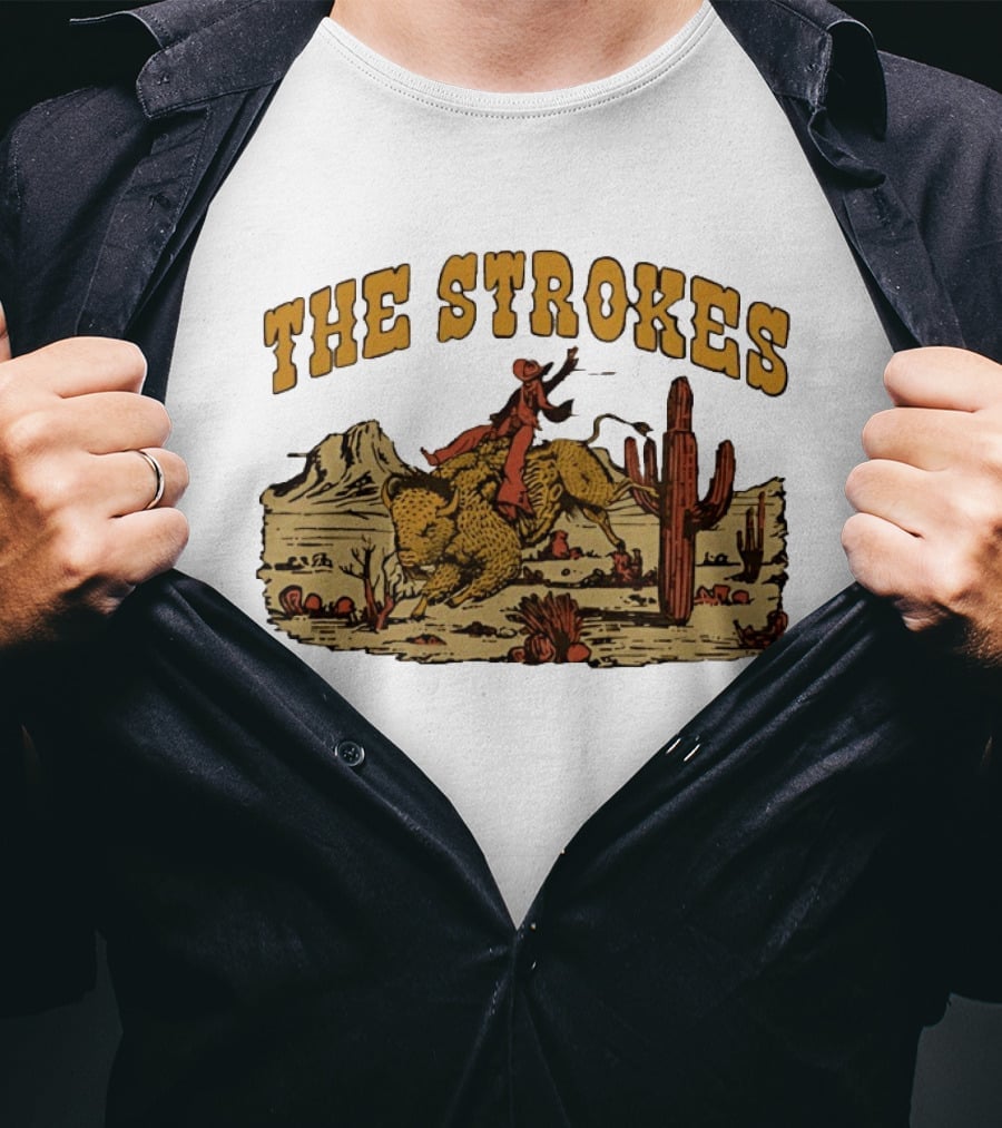 The Strokes Cowboy Riding Cheetah Desert Scene Classic Western T-Shirt