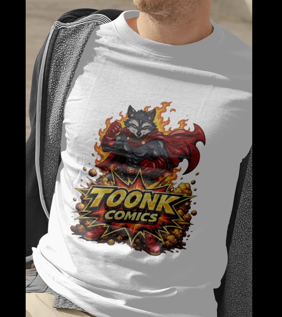 Toonk Comics Superhero Raccoon With Fiery Cape T-Shirt