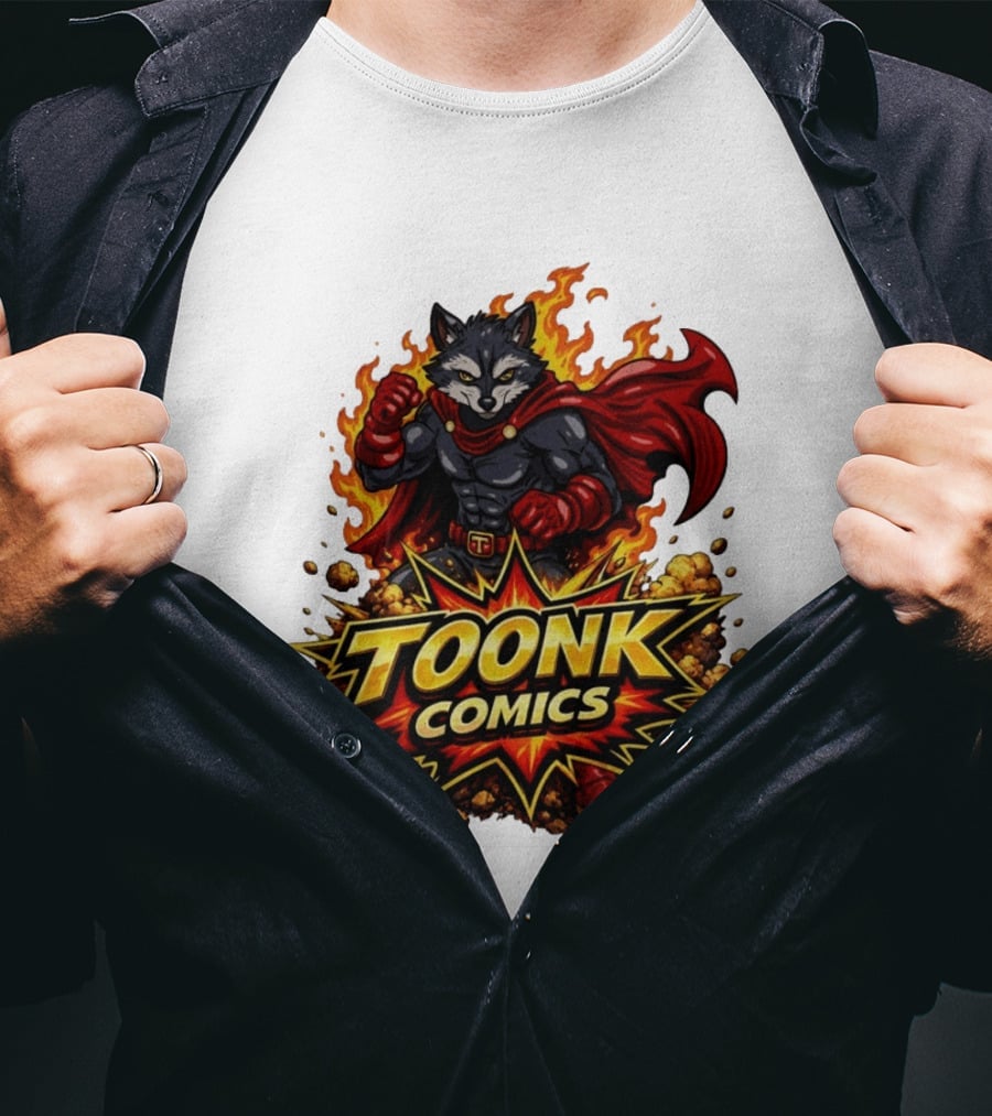 Toonk Comics Superhero Raccoon With Fiery Cape T-Shirt