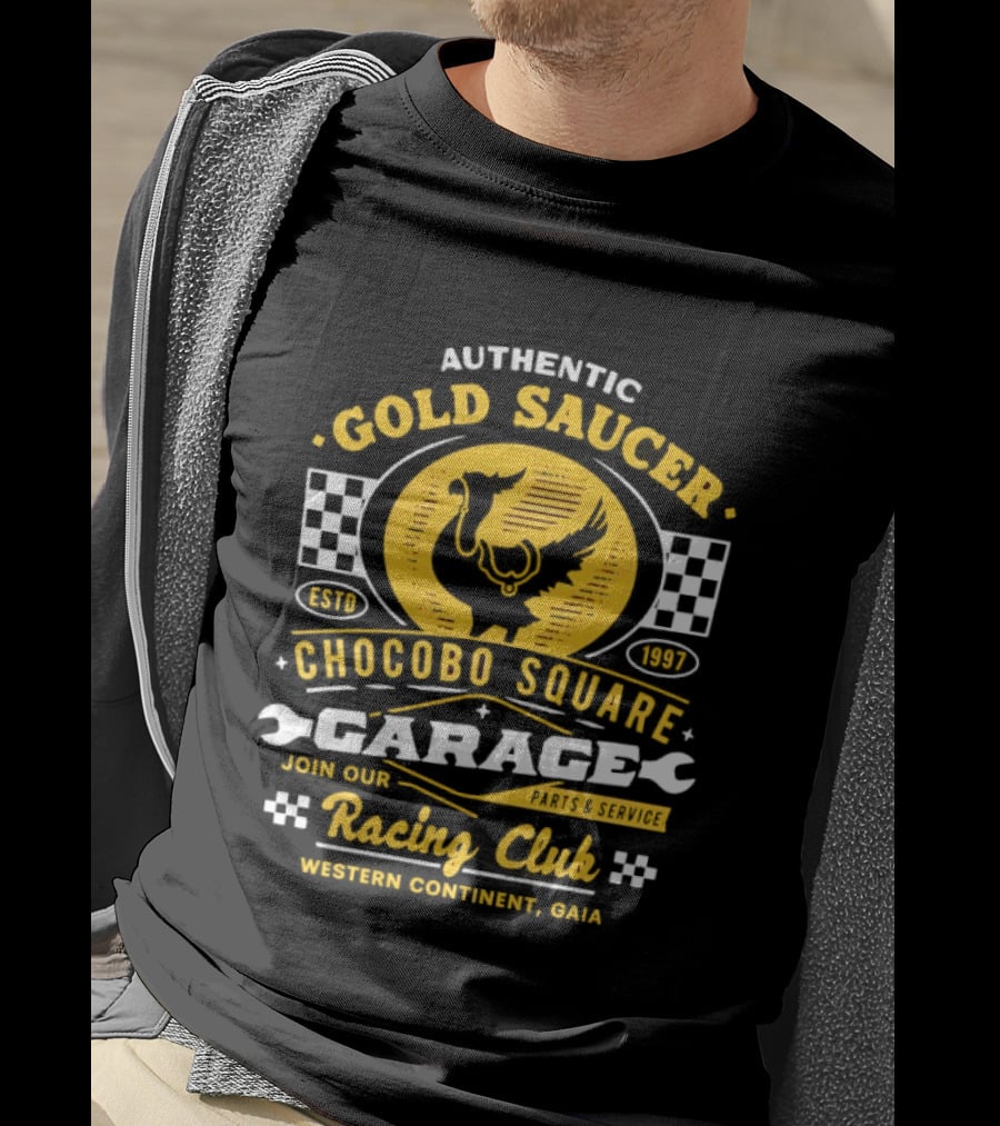 Authentic Gold Saucer Chocobo Square Garage Parts Service Racing Club Western Continent QUA T-Shirt