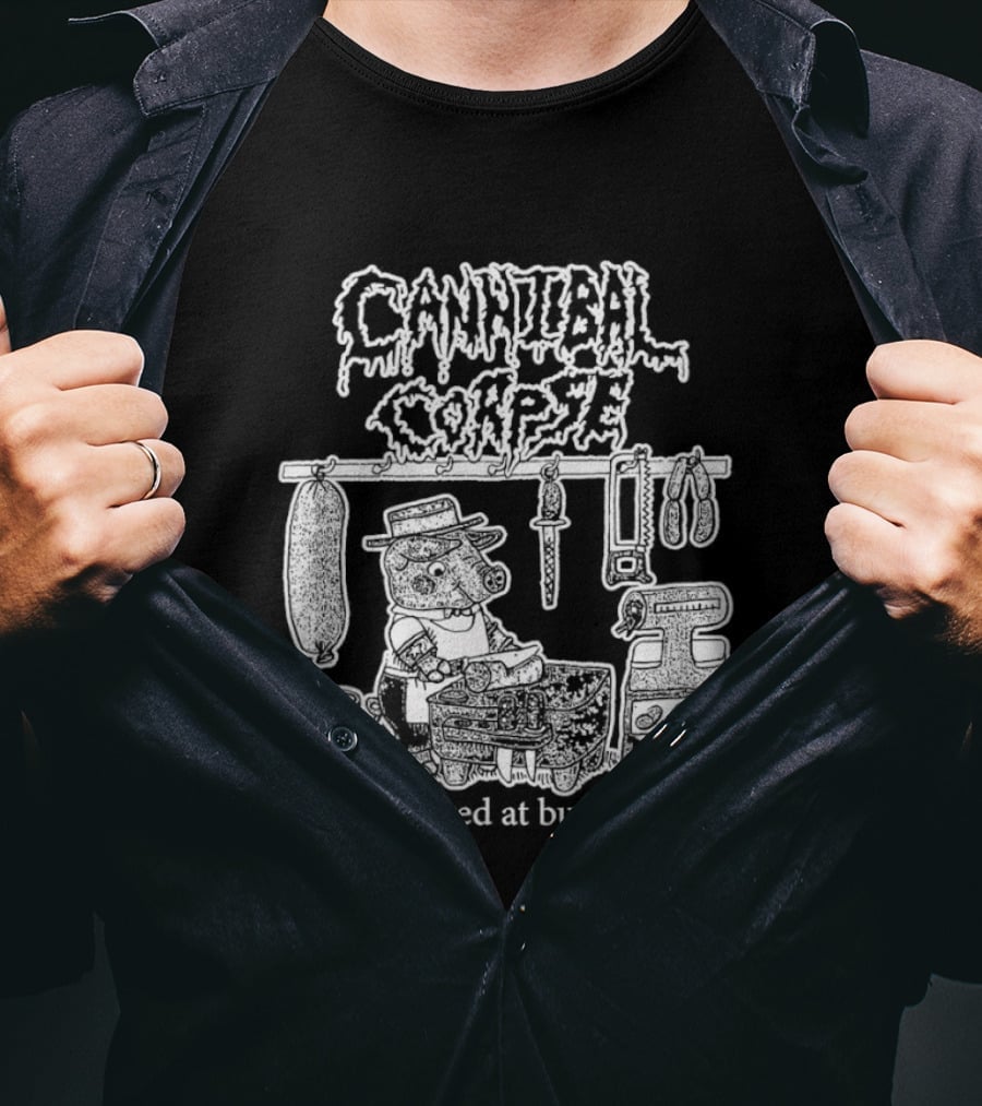 Cannibal Corpse Butchered At Busytown Graphic With Cartoon Butcher Scene T-Shirt