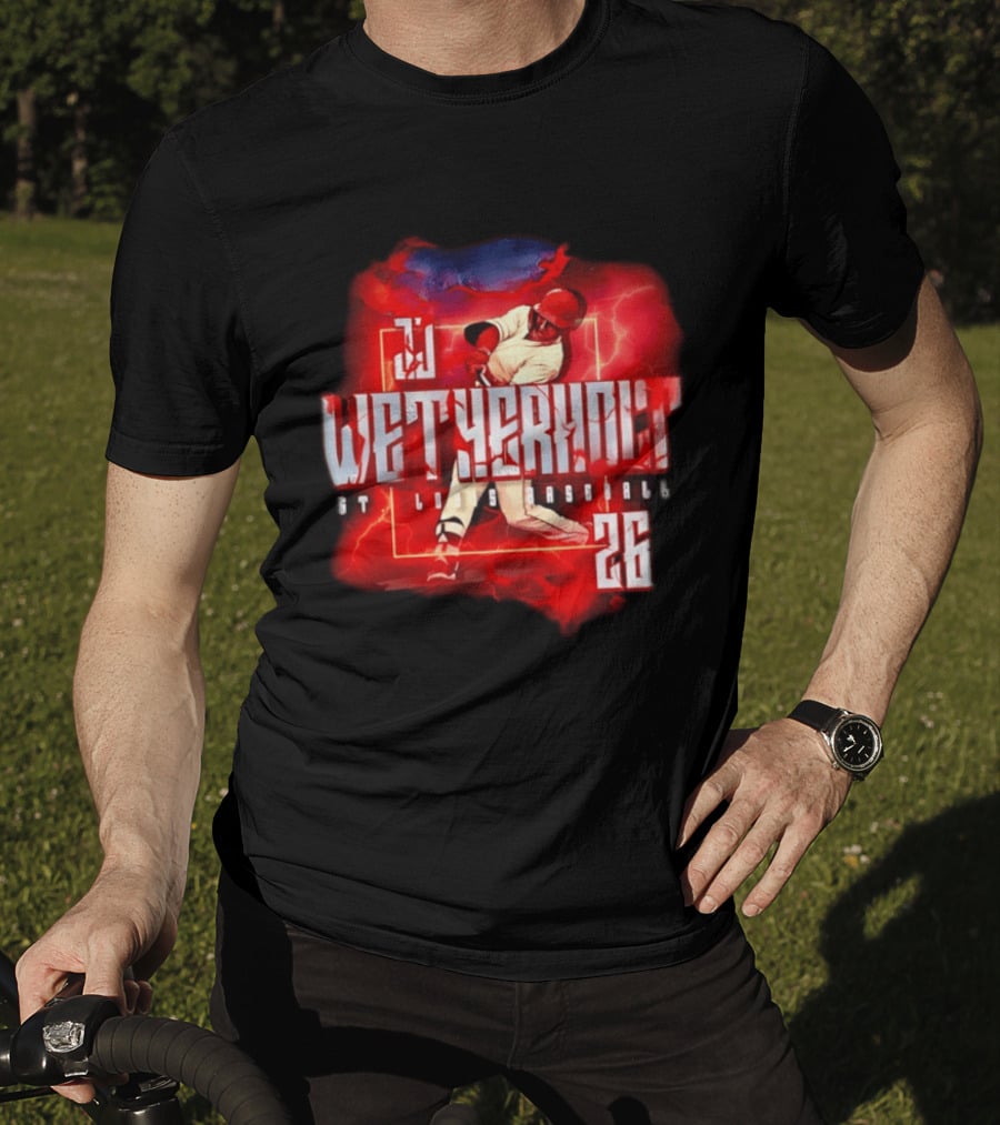 JJ Wetherholt 26 St. Louis Baseball Slugger Swing Lightning T-Shirt