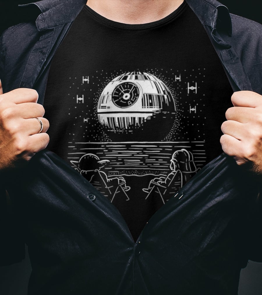 Yoda And Vader Relaxing By The Beach With Death Star In The Sky T-Shirt