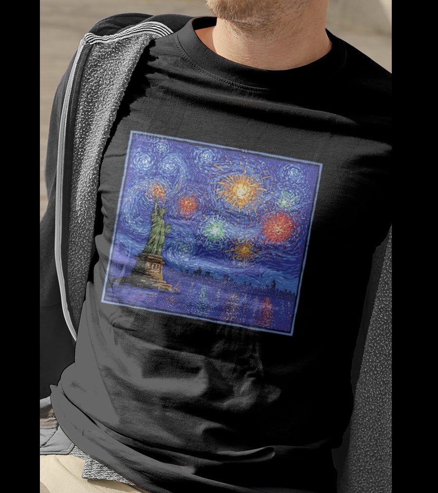 Fireworks Over Statue Of Liberty In Van Gogh Starry Night T-Shirt