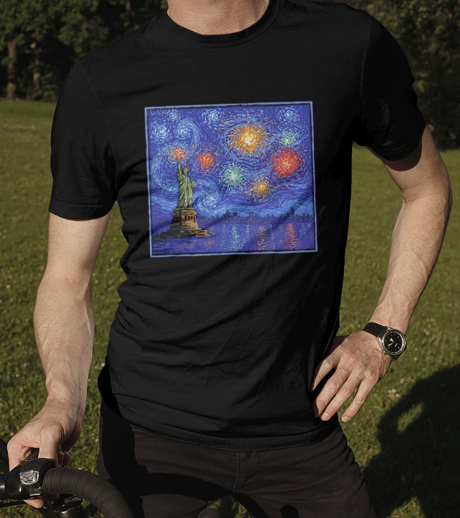 Fireworks Over Statue Of Liberty In Van Gogh Starry Night T-Shirt