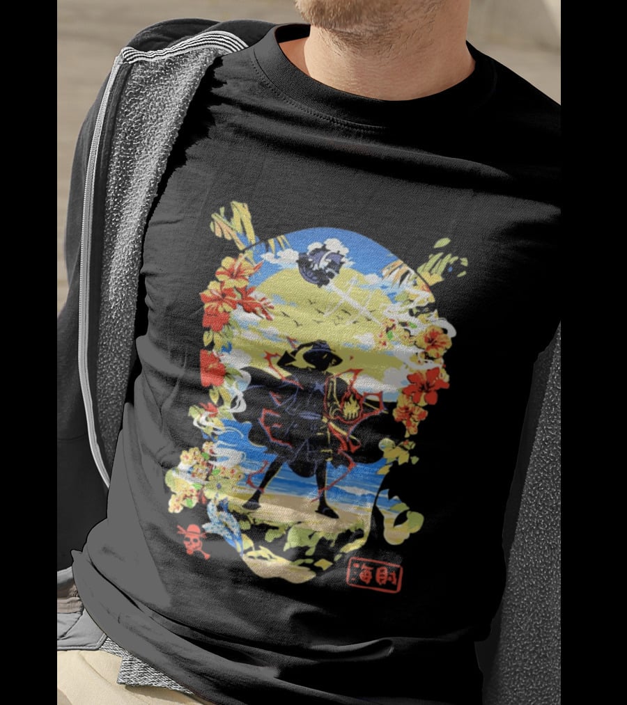 Monkey D Luffy One Piece Hat Pirate Beach Scene Floral Surrounding T-Shirt