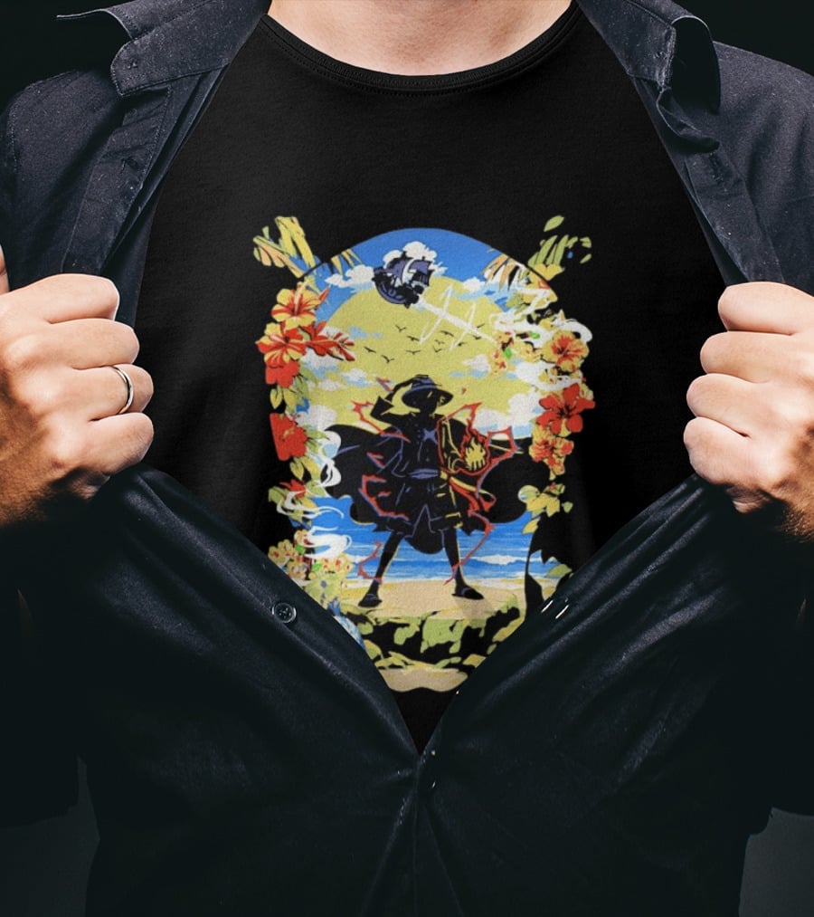 Monkey D Luffy One Piece Hat Pirate Beach Scene Floral Surrounding T-Shirt